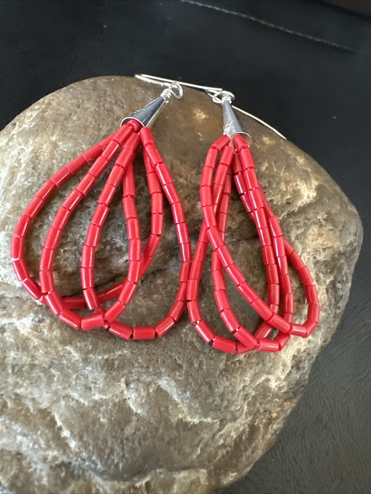 Native Red Coral Heishi 3S Tube Liquid Sterling Silver Dangle Earrings 2" 18198
