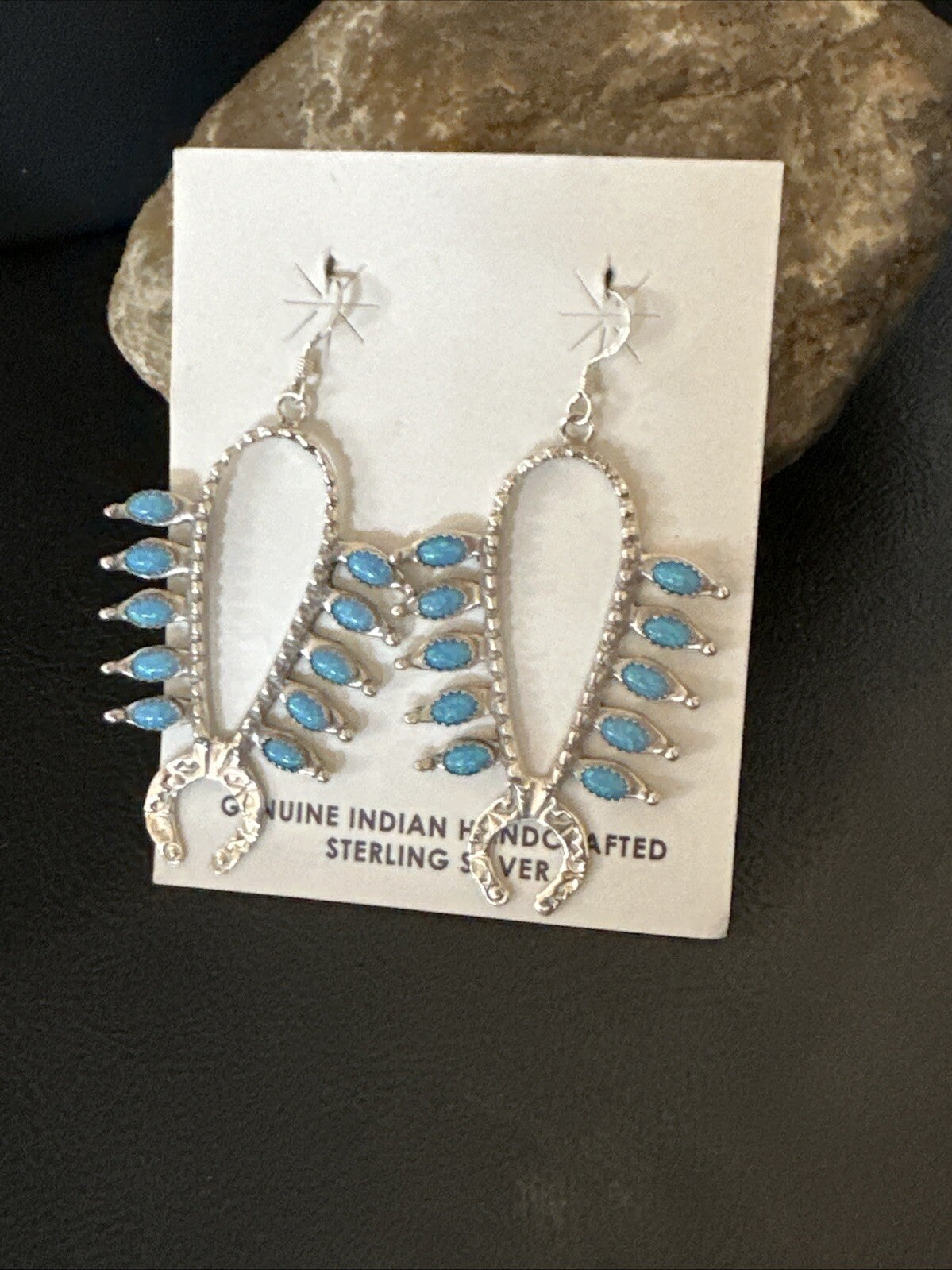 Womens Blue Opal Navajo Squash Blossom Sterling Silver Earrings 18549