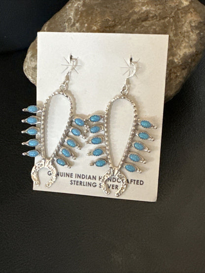 Womens Blue Opal Navajo Squash Blossom Sterling Silver Earrings 18549