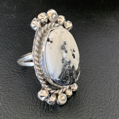 White Buffalo Turquoise Navajo Sterling Silver Ring Size 8 19254
