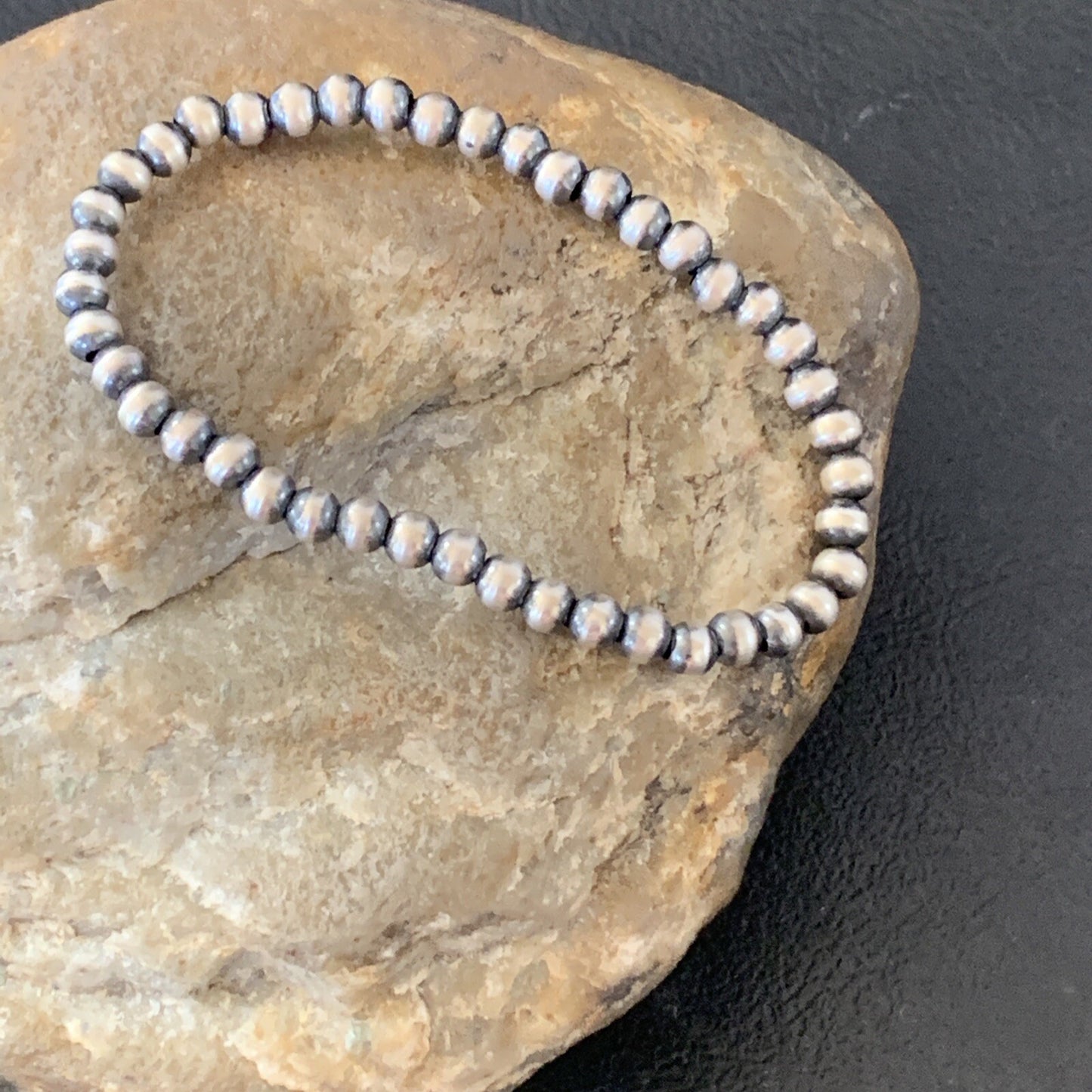 Navajo 4mm Beads 6” Stretchable Sterling Silver Bracelet 90401