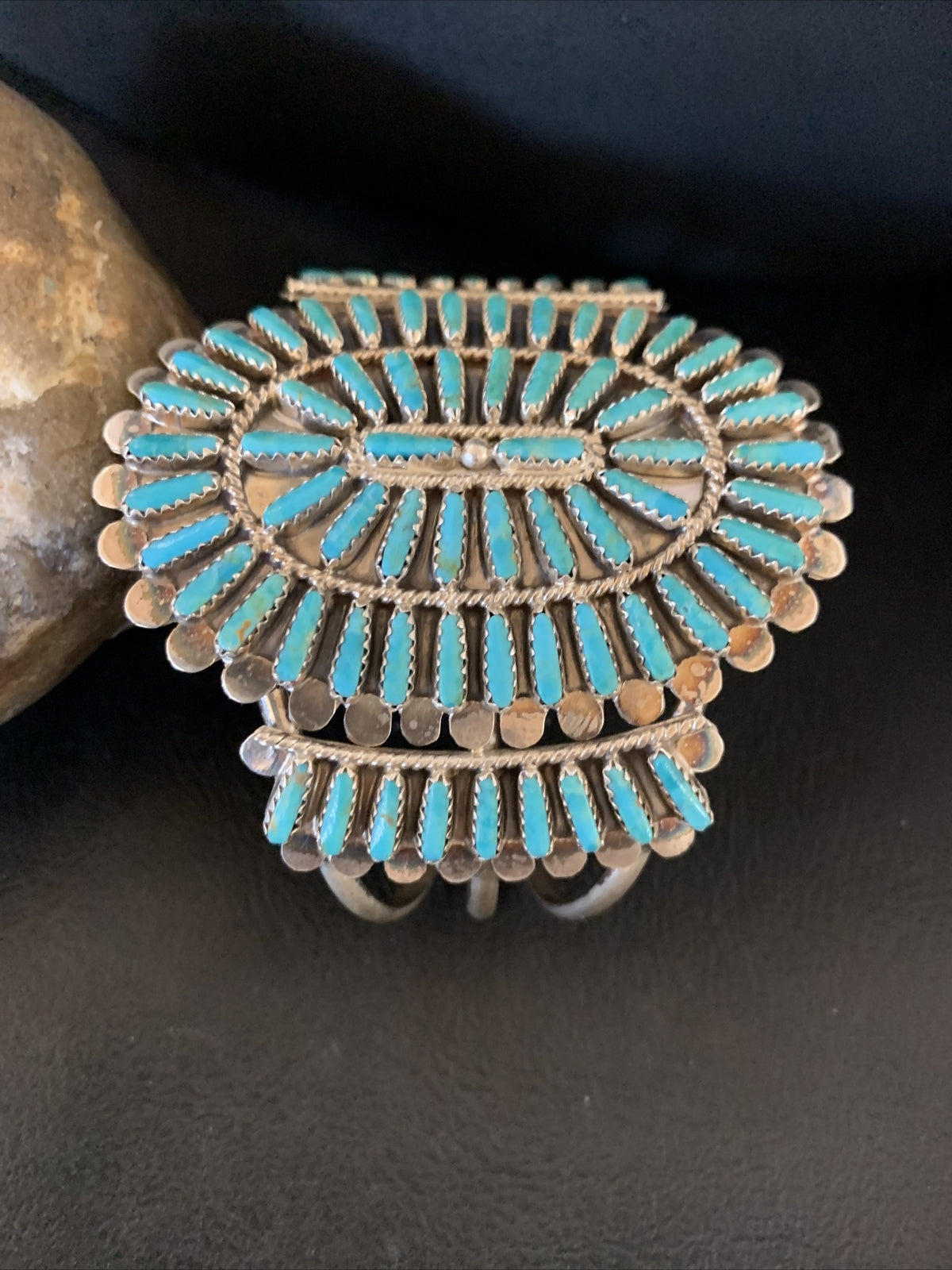 Blue Turquoise Zuni Sterling Silver Cluster Cuff Bracelet 12333