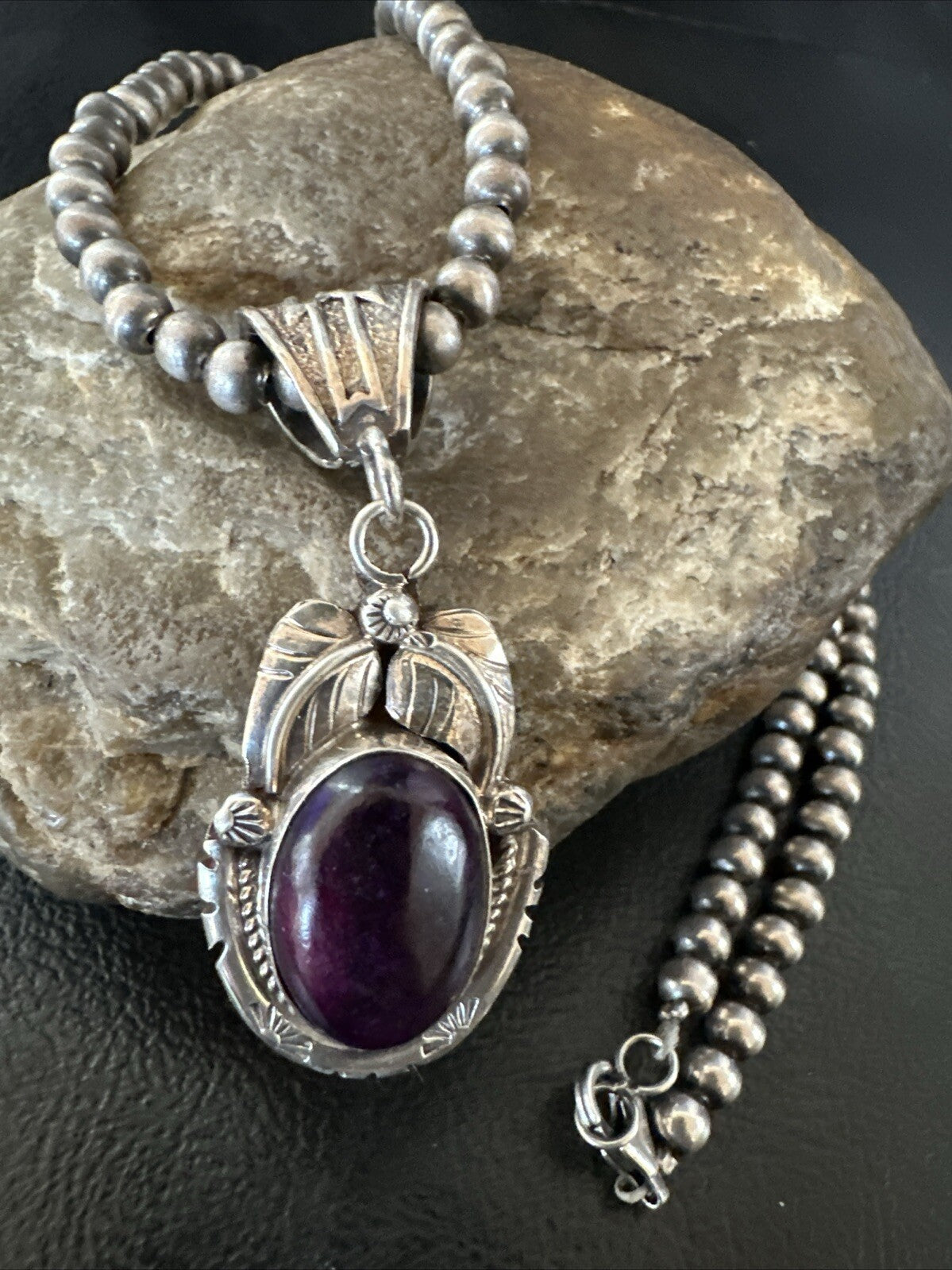 Purple Stone Pendant Navajo Pearls Sterling Silver Necklace 20” 18392