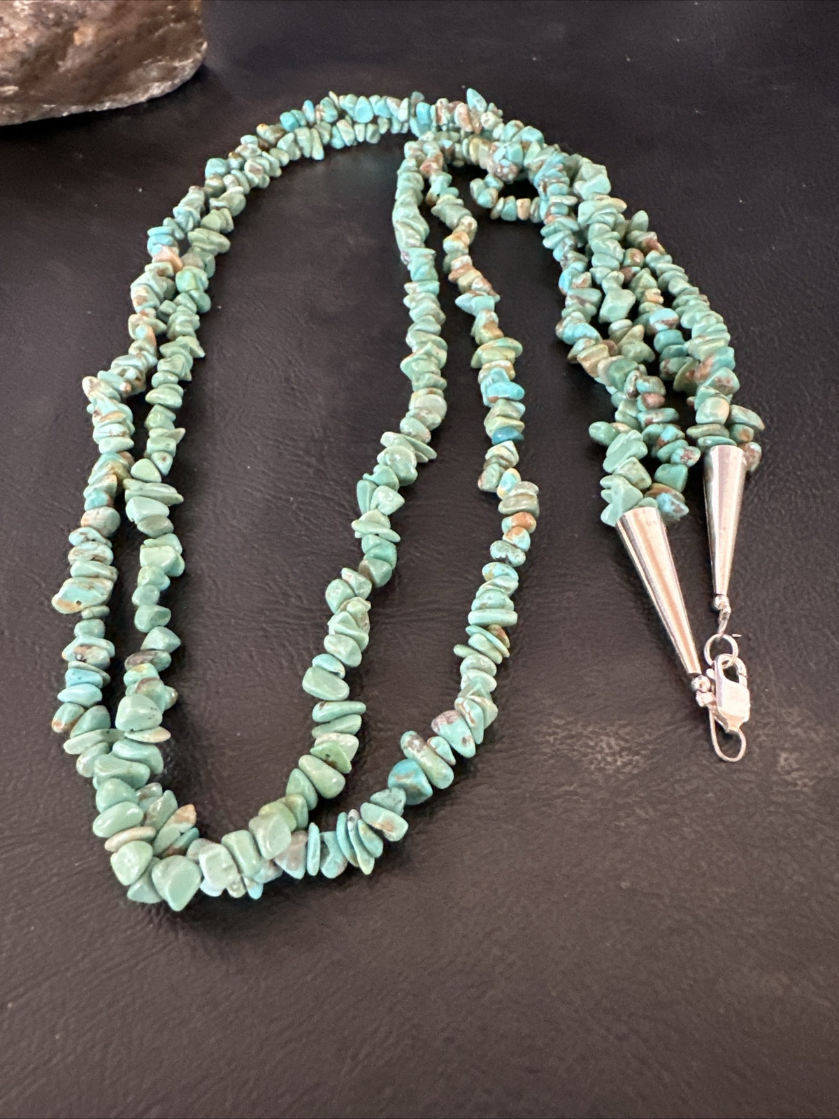 Green Turquoise 2S Nugget Beads Navajo Sterling Silver Necklace 30” 17780