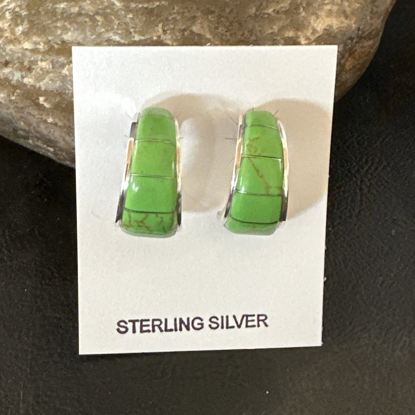 Southwestern Sterling Silver Green Gaspiete Inlay Earrings 1” 19266