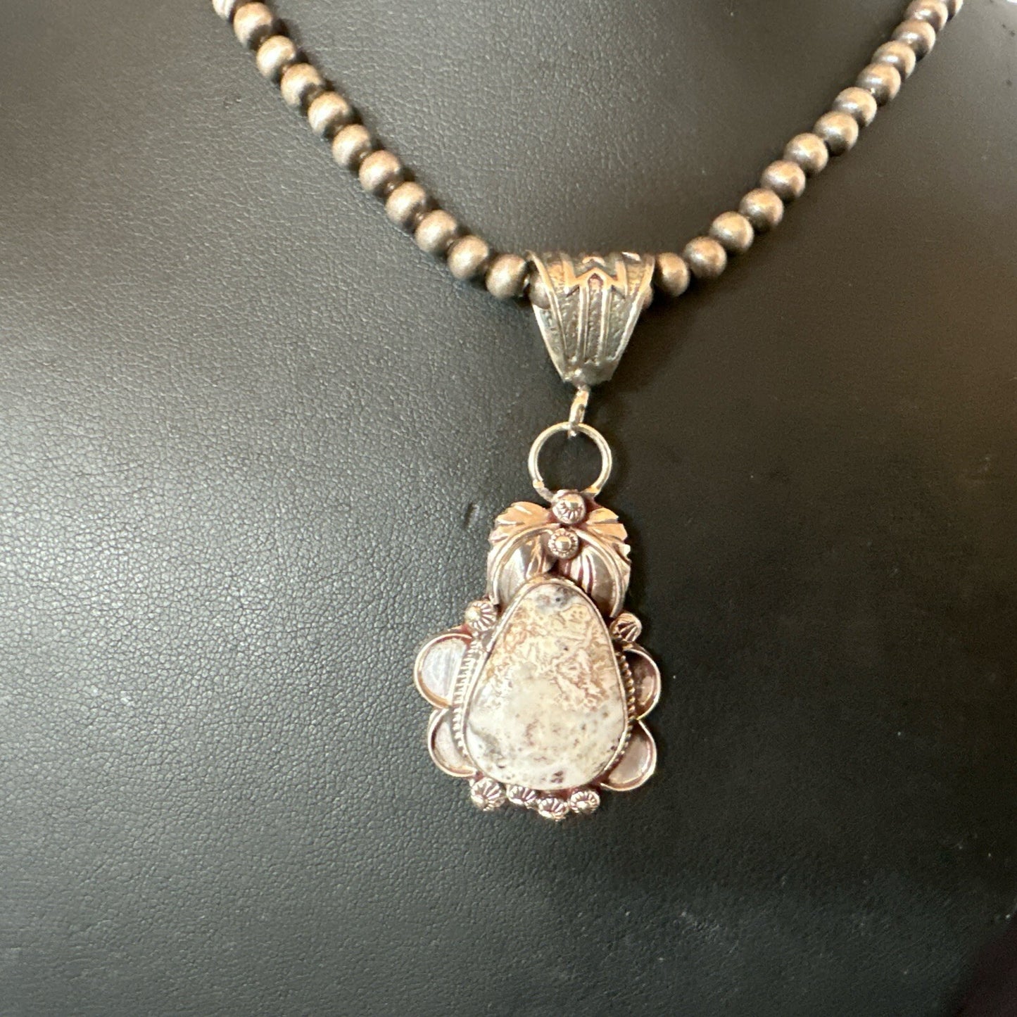 White Buffalo Turquoise Pendant  Sterling Silver Beads Necklace 17986