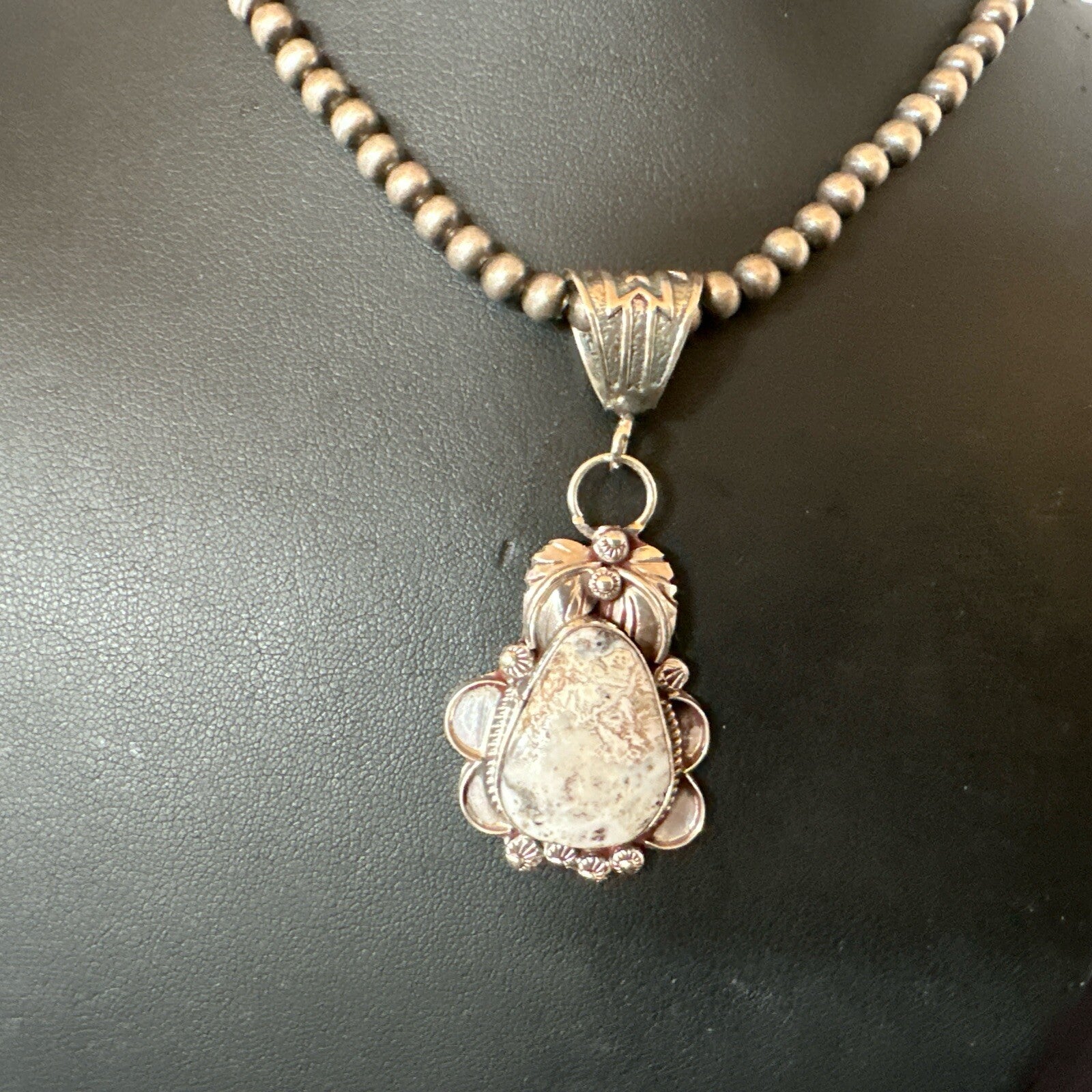 White Buffalo Turquoise Pendant  Sterling Silver Beads Necklace 17986