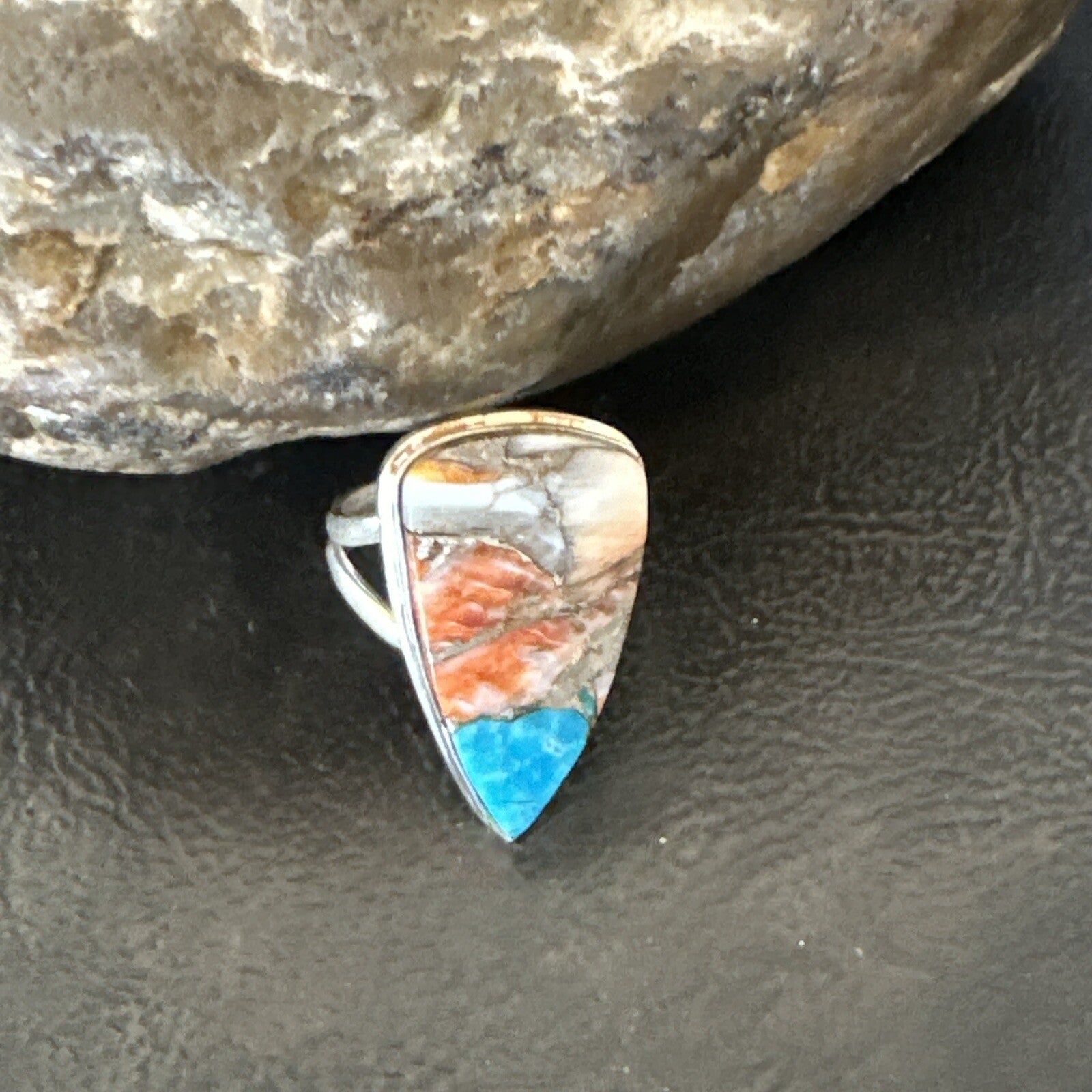 Blue Turquoise Spiny Oyster Southwestern Sterling Silver Ring Size 6 18470