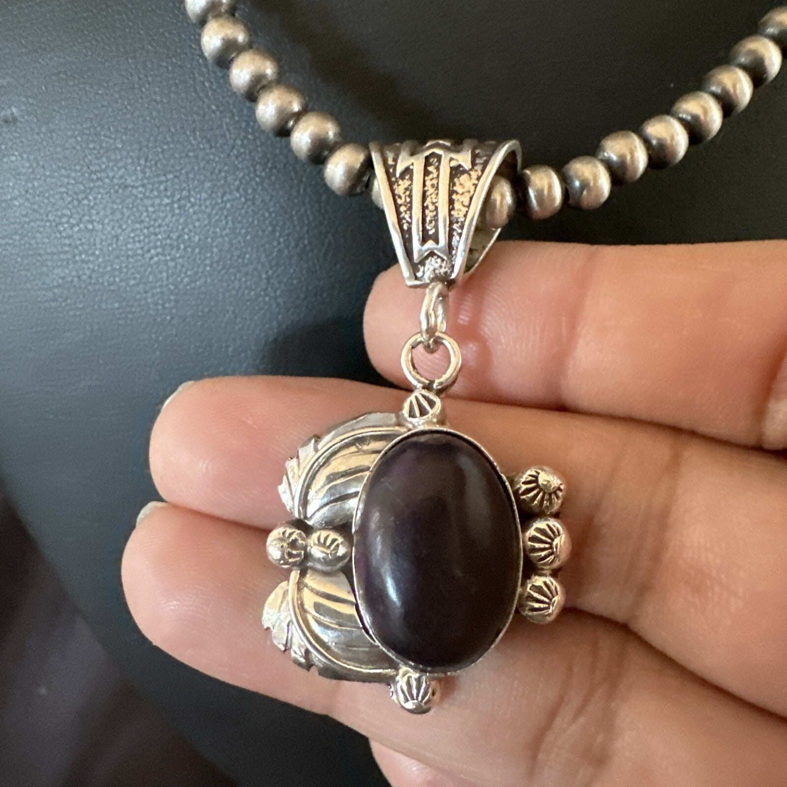 Purple Stone Pendant Navajo Pearls Sterling Silver Necklace 20” 18046