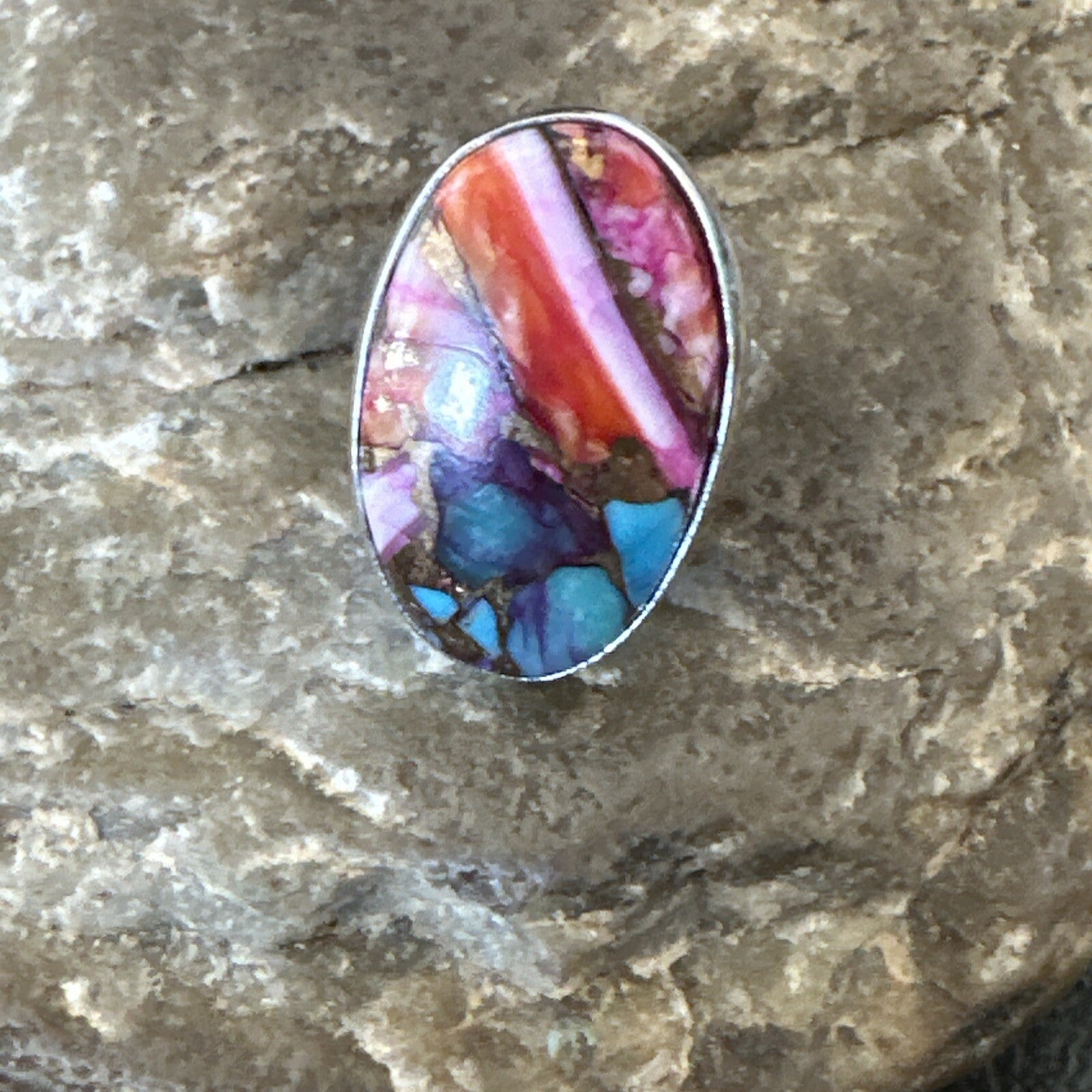 Blue Turquoise Spiny Oyster Southwestern Sterling Silver Ring Size 6 18475