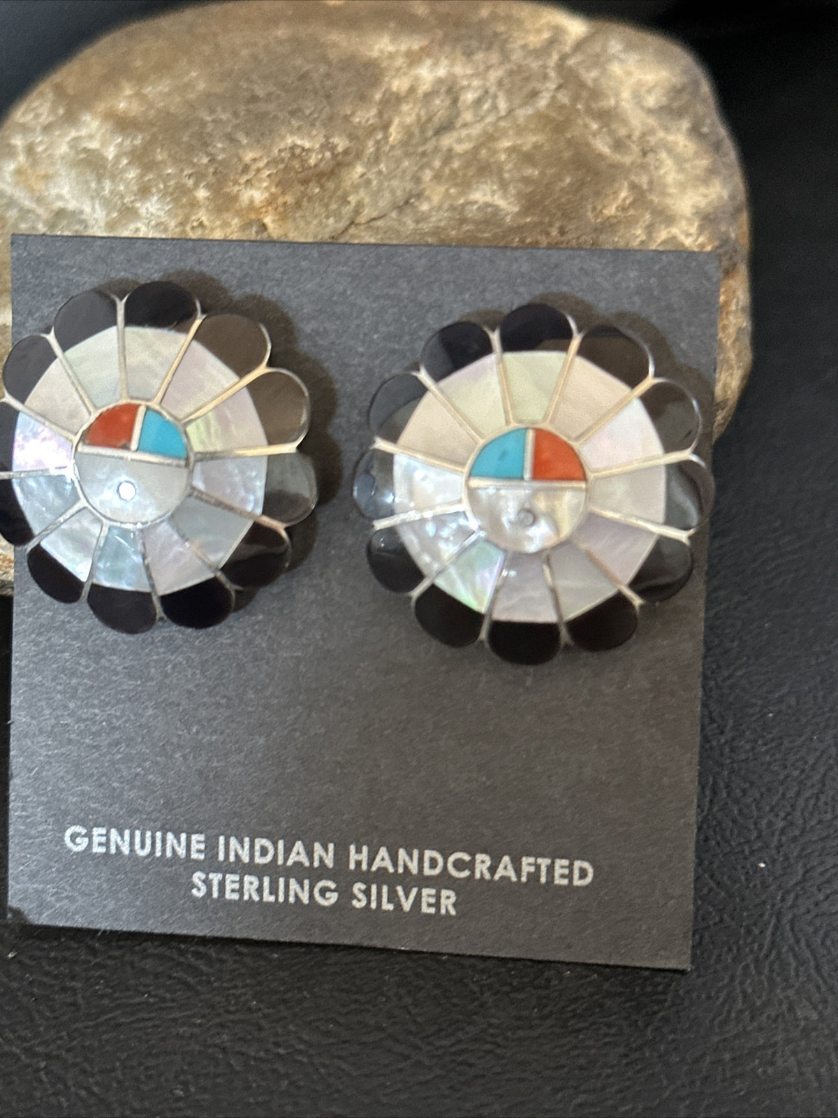 Coral Turquoise Onyx Abalone Zuni Sterling Silver Sunface Inlay Earrings 14769