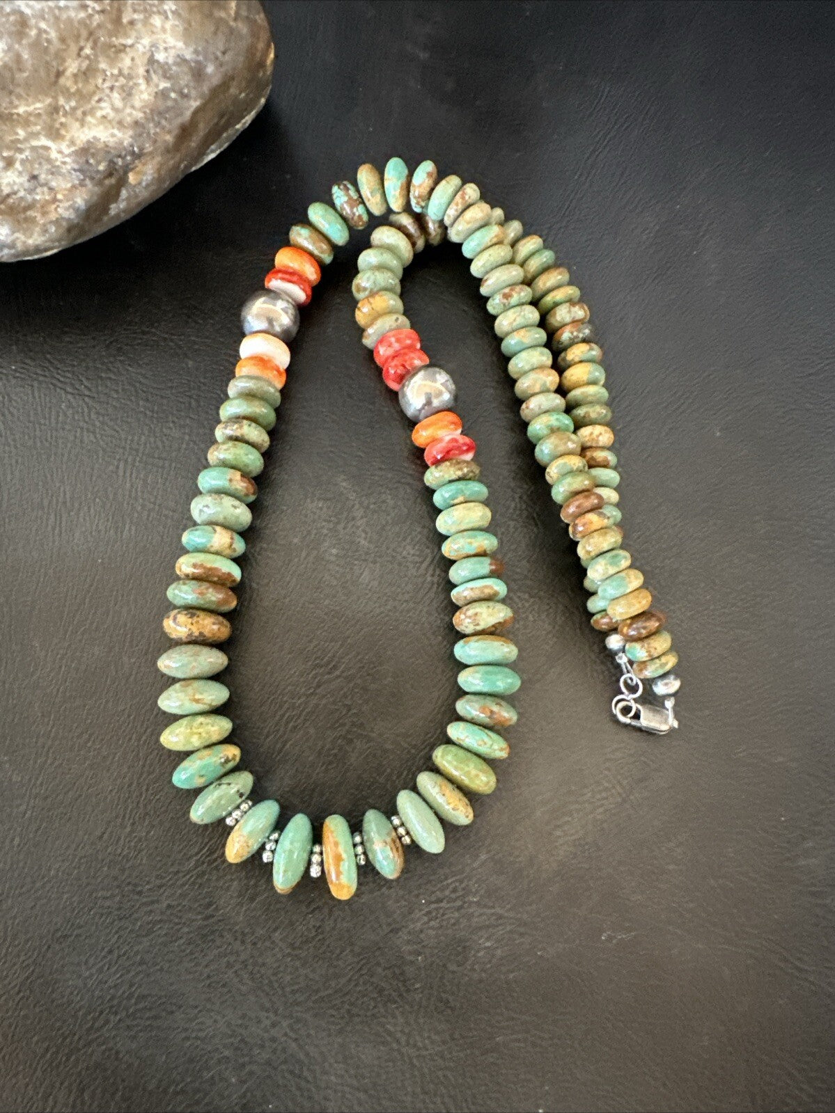 Green Turquoise Spiny Oyster Navajo Pearls Sterling Silver Necklace 18318