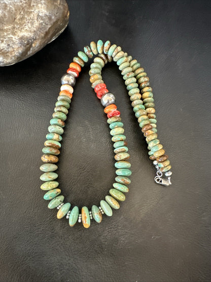 Green Turquoise Spiny Oyster Navajo Pearls Sterling Silver Necklace 18318