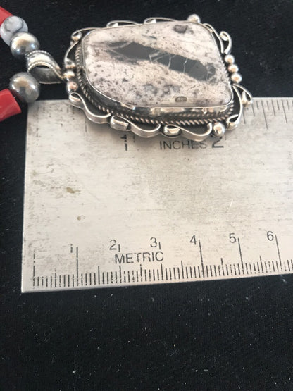 Navajo Pearls Sterling White Buffalo Turquoise Necklace Pendant 08216 XL