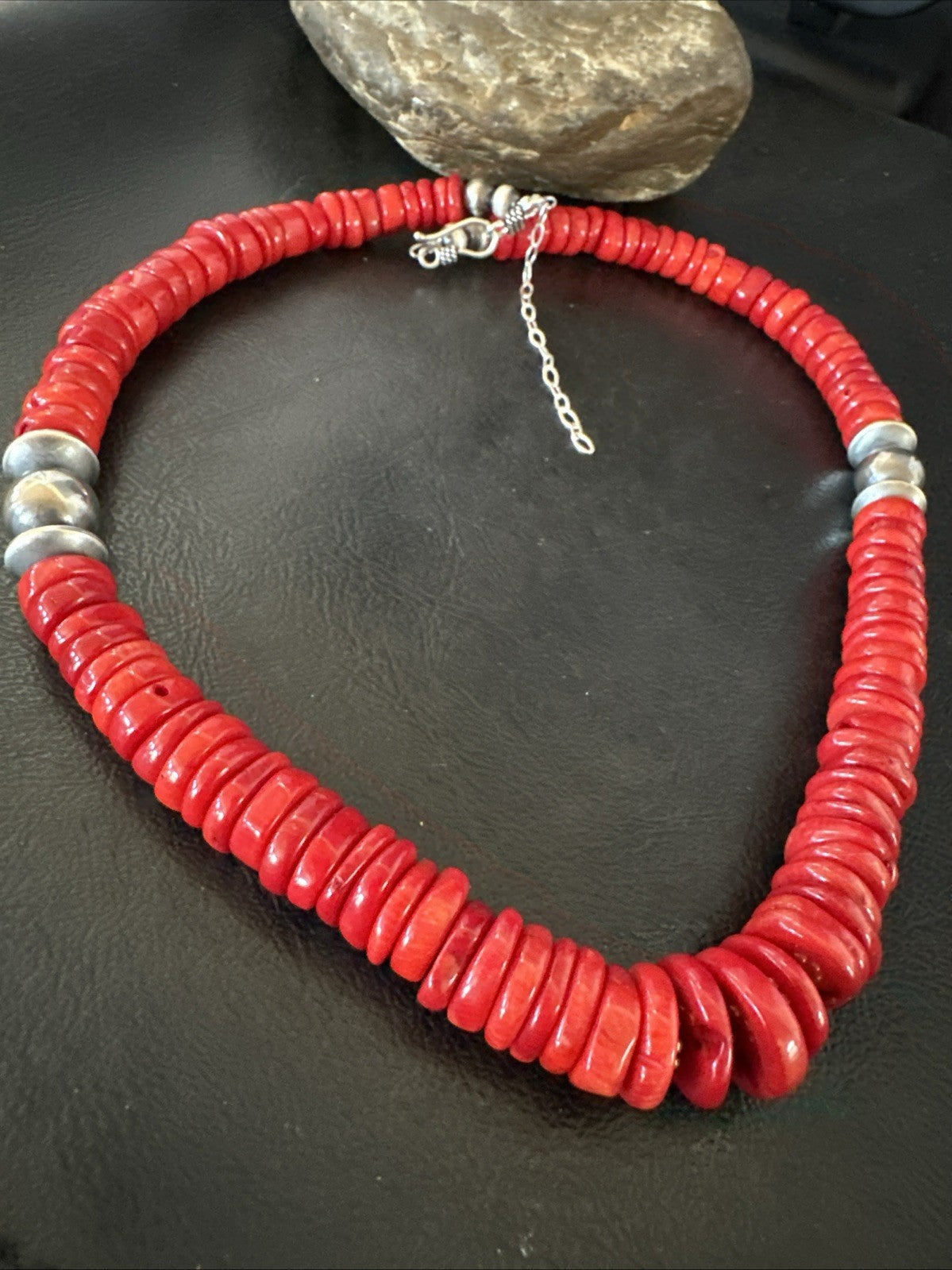 Red Bamboo Coral Navajo Sterling Silver Bead Necklace 19" 19227
