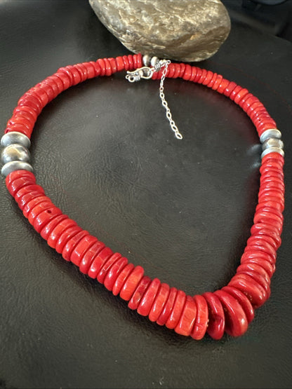 Red Bamboo Coral Navajo Sterling Silver Bead Necklace 19" 19227
