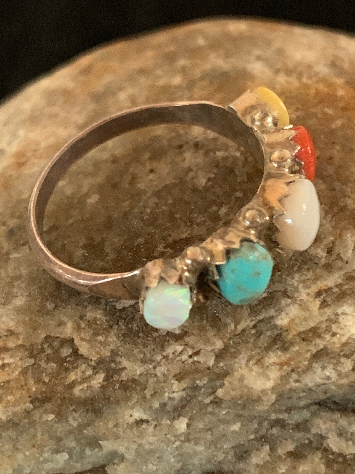 Opal Coral & Turquoise Zuni Sterling Silver Ring Size 6.5 8838