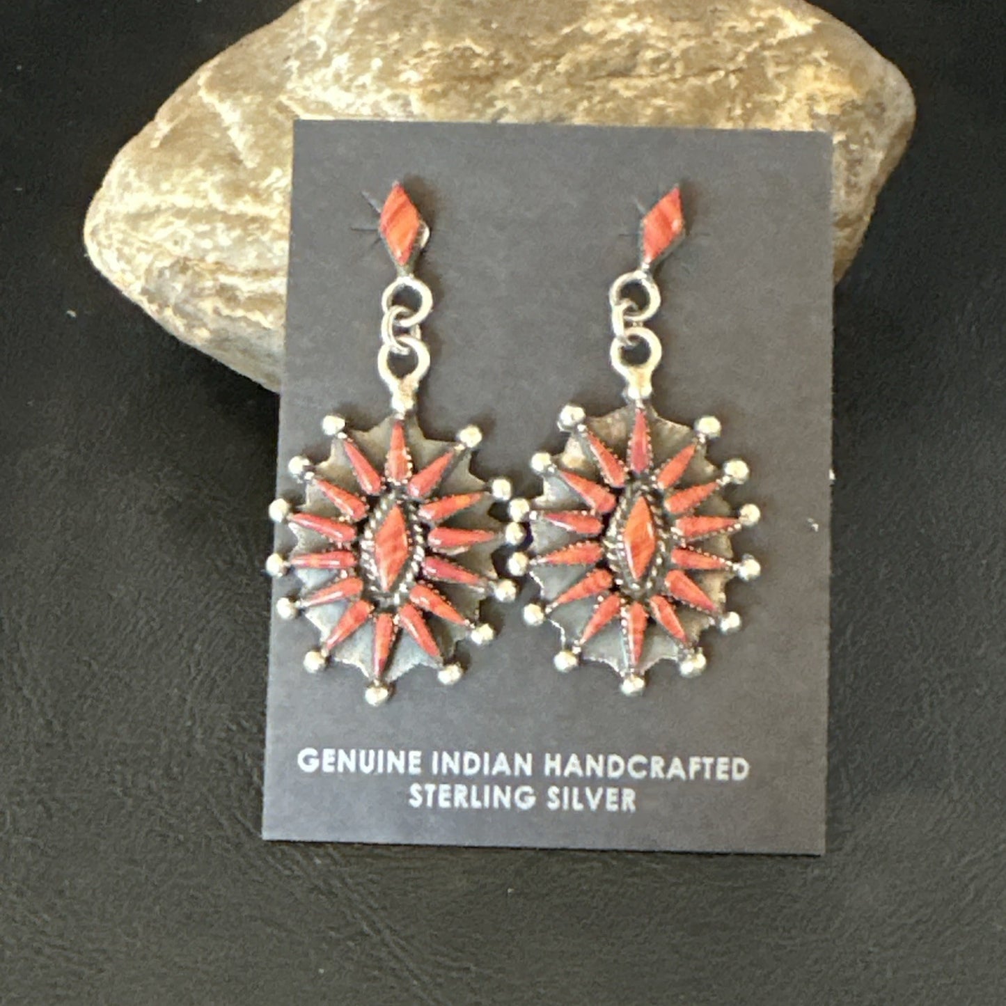 Red Coral Needlepoint Zuni Sterling Silver Dangle Earrings 19100
