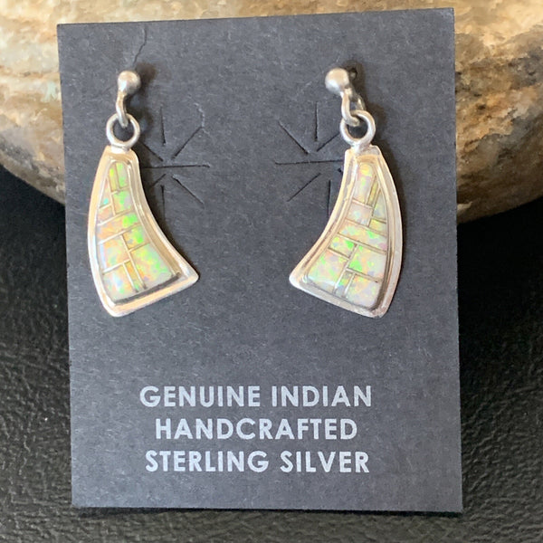 Women's White Opal Inlay Navajo Dangle Post Earrings | Sterling Silver | Authentic Native American Handmade | 12771