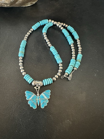 Butterfly Blue Turquoise Opal Pendant Navajo Sterling Silver Necklace 19511