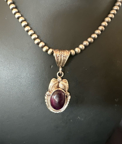 Purple Stone Pendant Navajo Pearls Sterling Silver Necklace 20” 18392