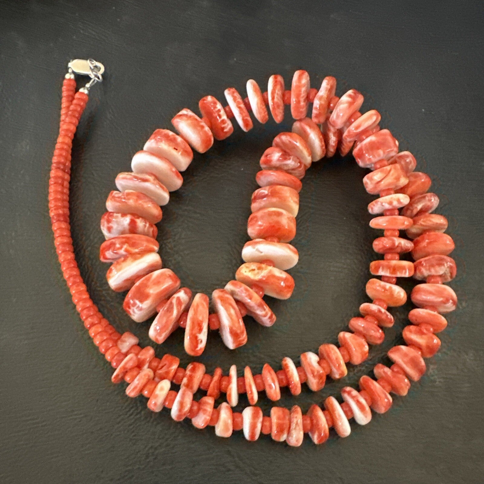 Red Spiny Oyster 28” Long Navajo Sterling Silver Necklace 17761
