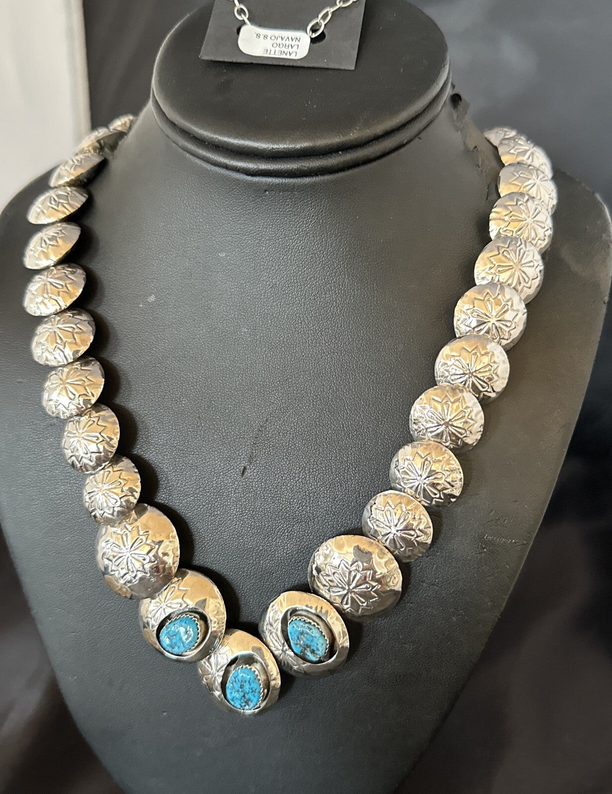 Kingman Turquoise Pillow Bead Navajo Sterling Silver Necklace Earrings 24" 17768