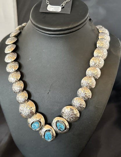 Kingman Turquoise Pillow Bead Navajo Sterling Silver Necklace Earrings 24" 17768