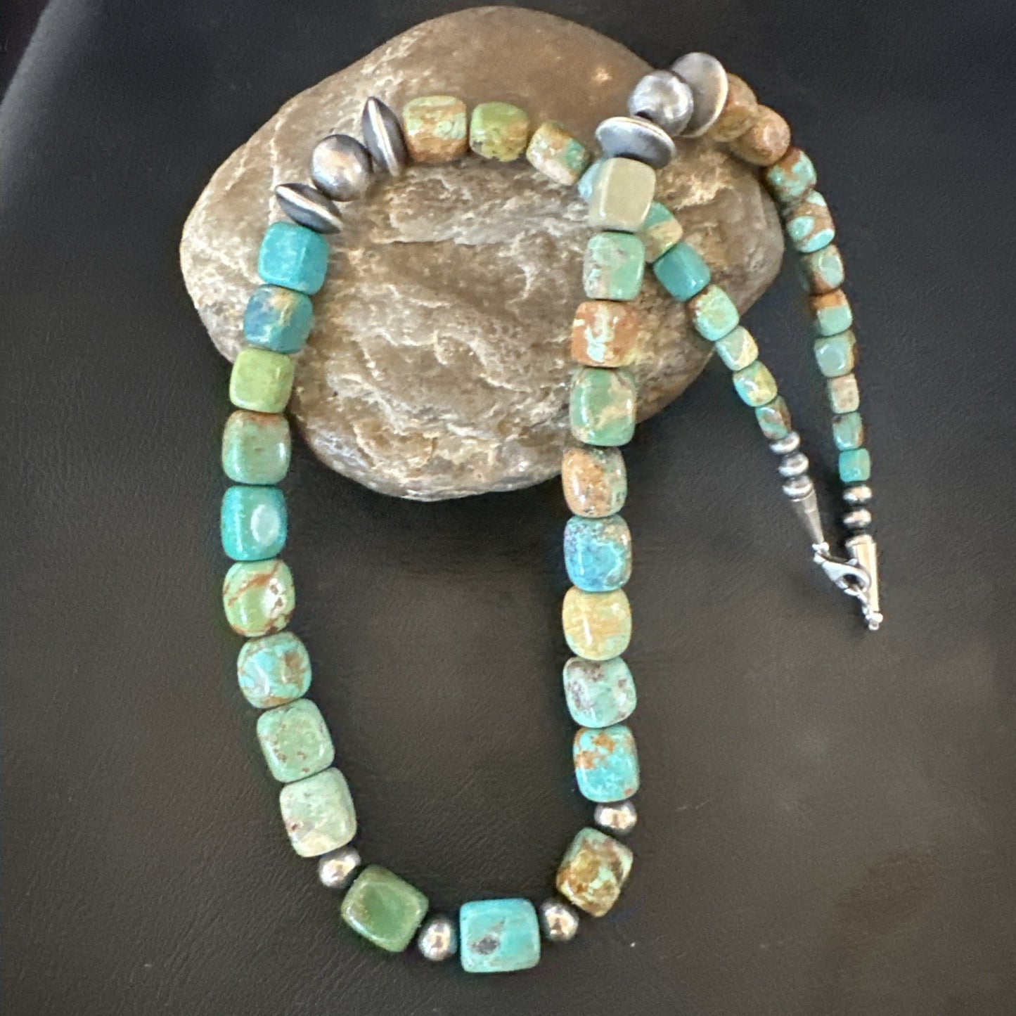 Cube Green Turquoise Navajo Graduated Sterling Silver Necklace 21” 19205