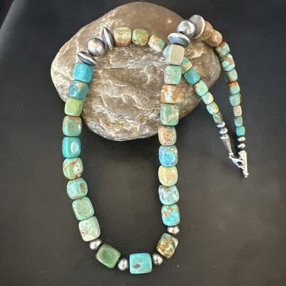 Cube Green Turquoise Navajo Graduated Sterling Silver Necklace 21” 19205