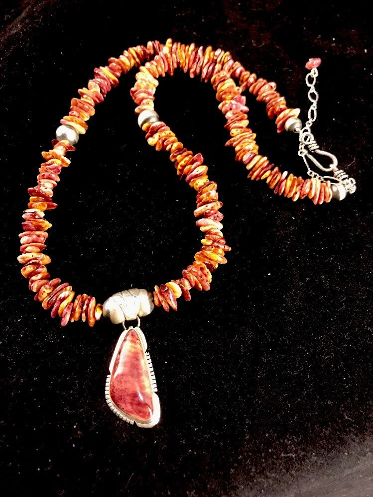 Mens Purple Spiny Oyster Navajo Sterling Silver Beads Necklace 21"
