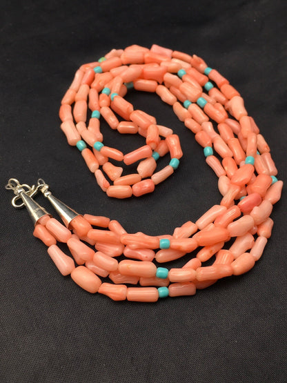 Turquoise & Pink Coral Southwestern Sterling Silver 3 Strand Necklace 04389