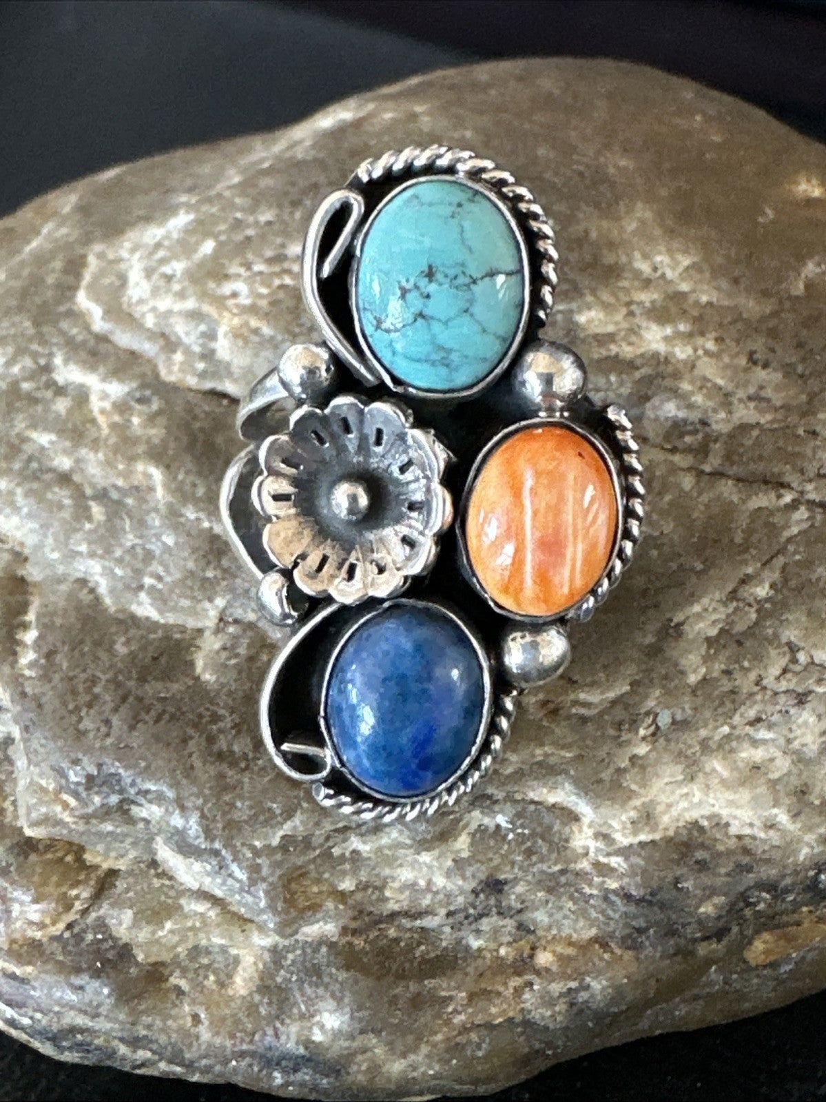 Multicolor Ring Turquoise Spiny Navajo Sterling Silver Cluster Size 8 19186