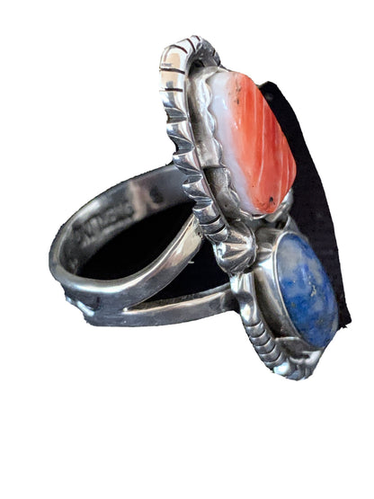 Red Spiny Oyster & Lapis Navajo Sterling Silver Ring Size 10.5 19763