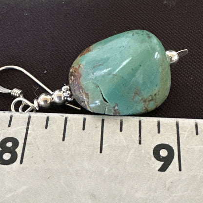 Green Turquoise Nugget Sterling Silver Beads Navajo Earrings 1" 17868