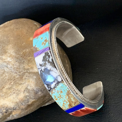 Mens White Turquoise Spiny & Lapis Navajo Sterling Silver Inlay Bracelet 12237