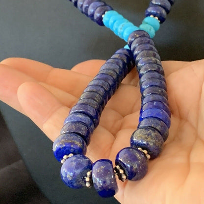 Men's Lapis and Turquoise Beaded Necklace Sterling Silver 23" 10835