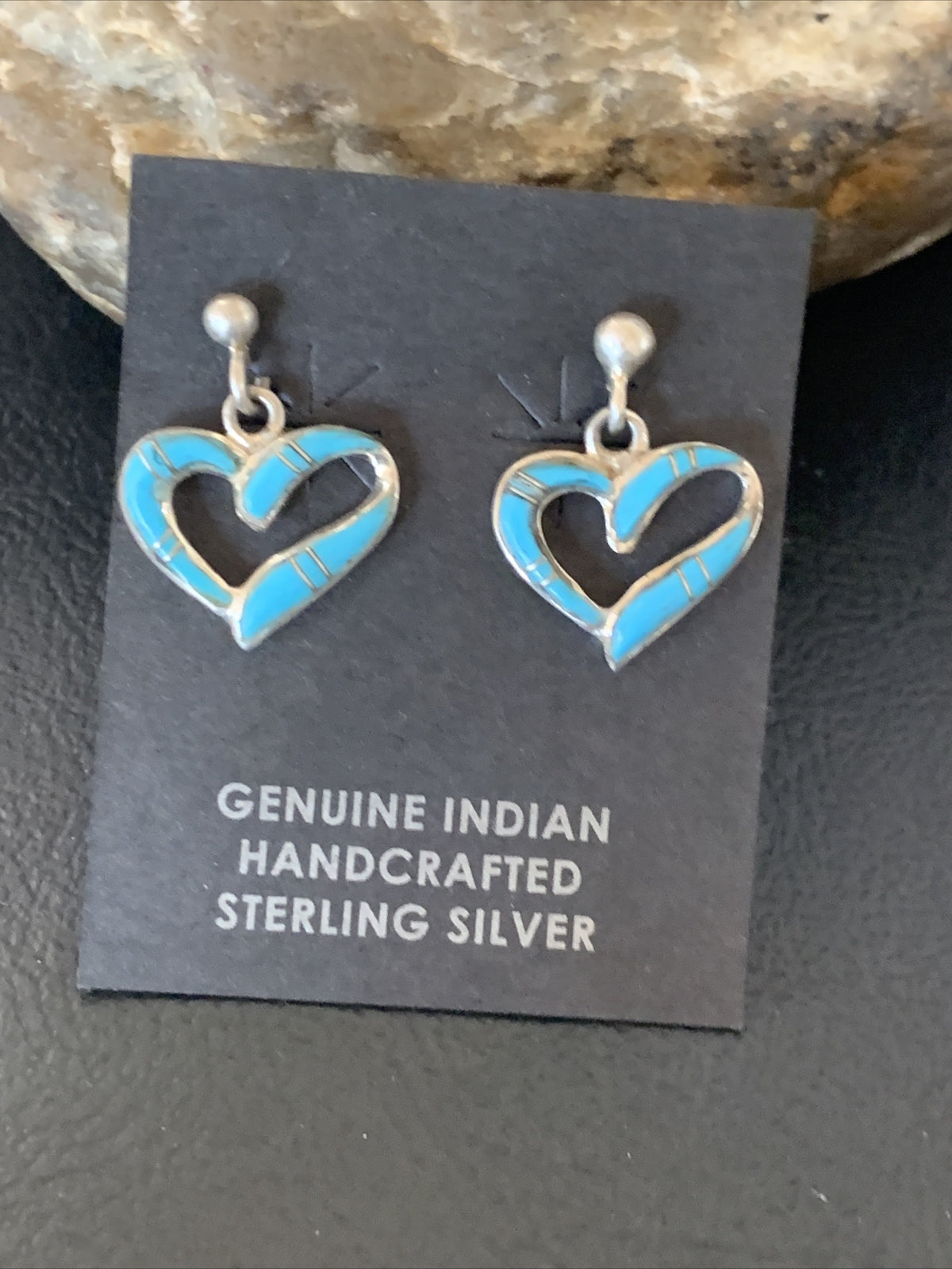 Navajo Blue Turquoise Heart Sterling Silver Dangle Post Earrings 0.5" 12716