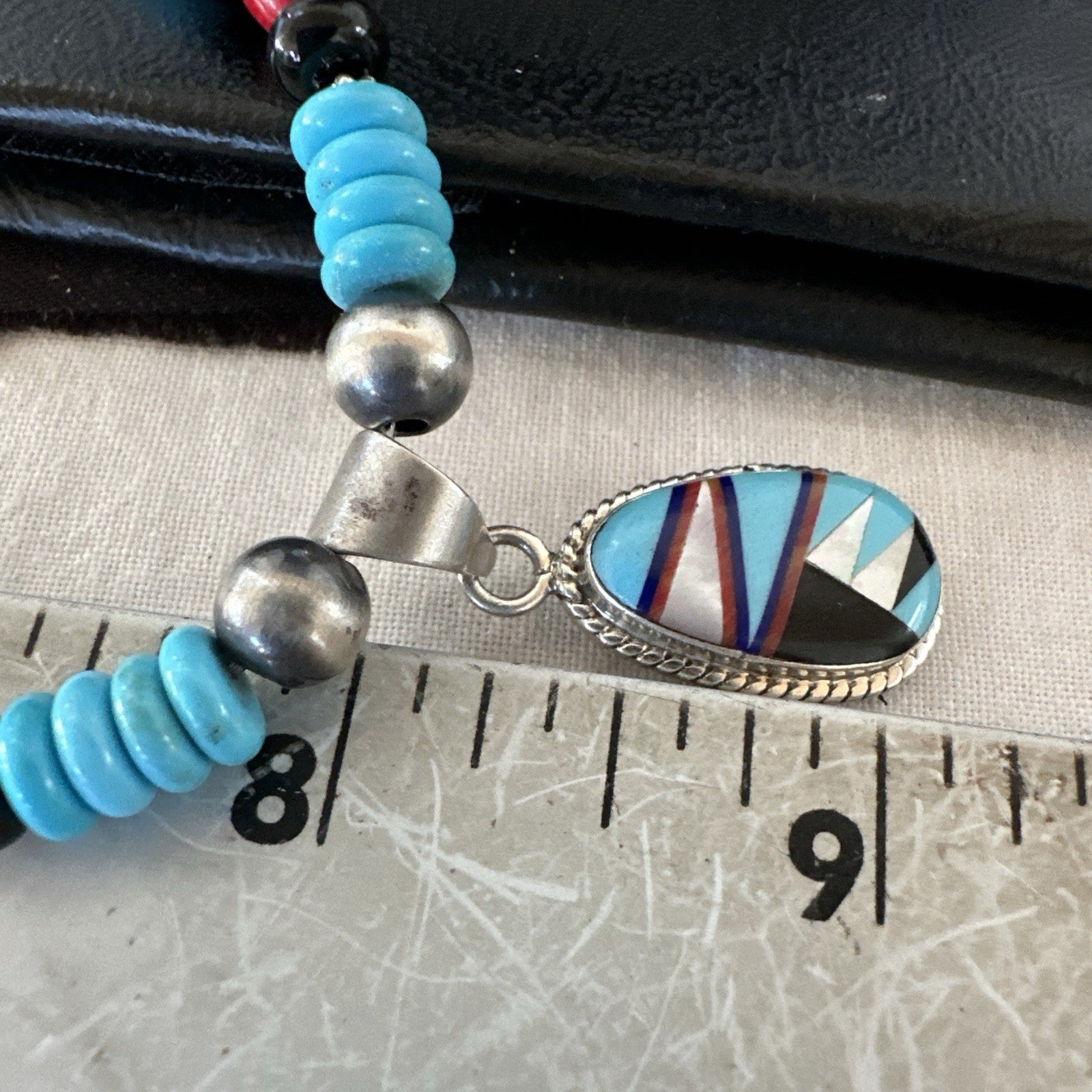 Multicolor Turquoise Coral Navajo Sterling Silver Inlay Pendant Necklace 19648