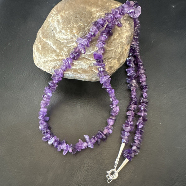 Purple Amethyst Southwestern Nugget Bead Necklace 27" | Sterling Silver | Authentic Native American Handmade | 19017