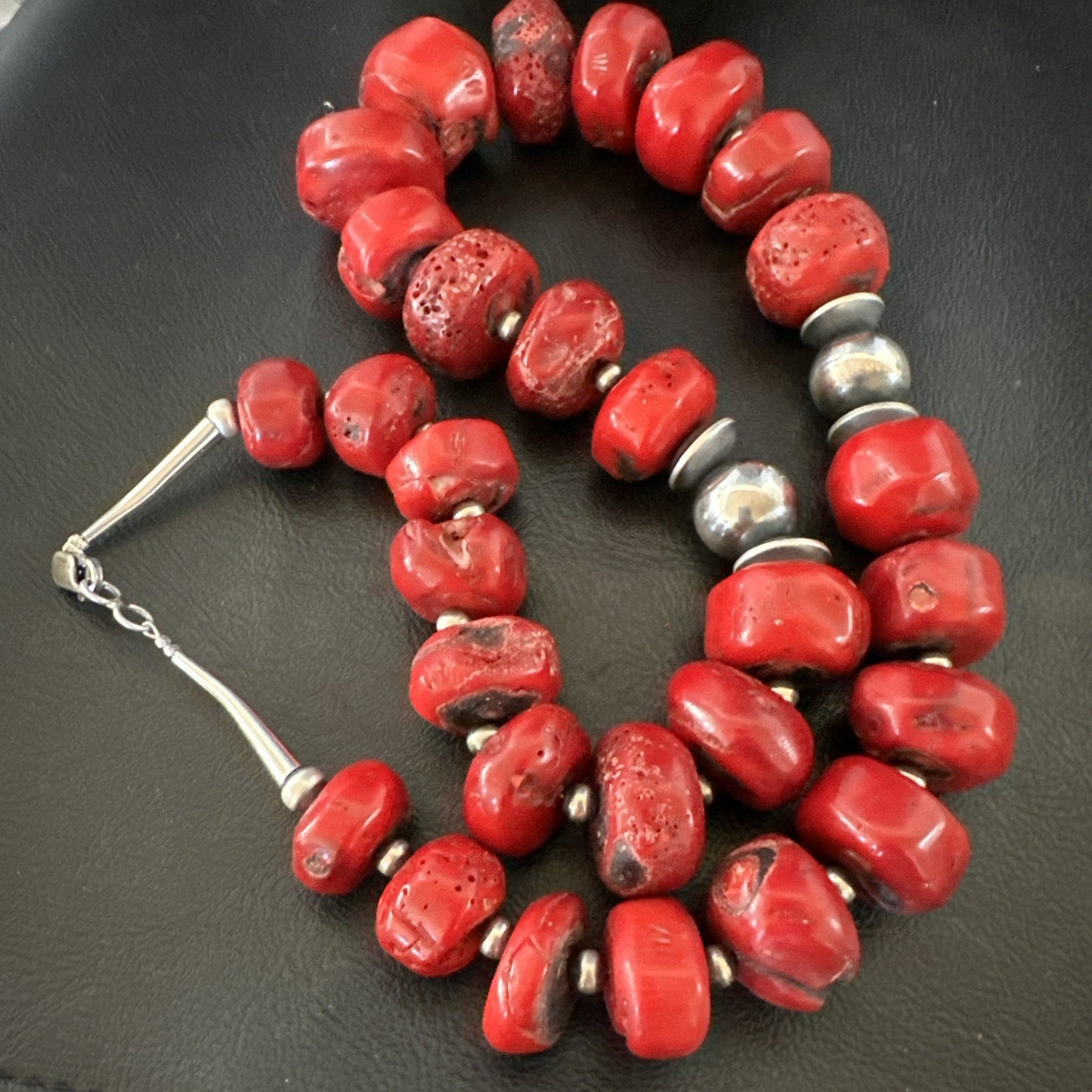 Chunky Navajo Red Bamboo Coral Sterling Silver Bead Necklace 24” Graduated 19531