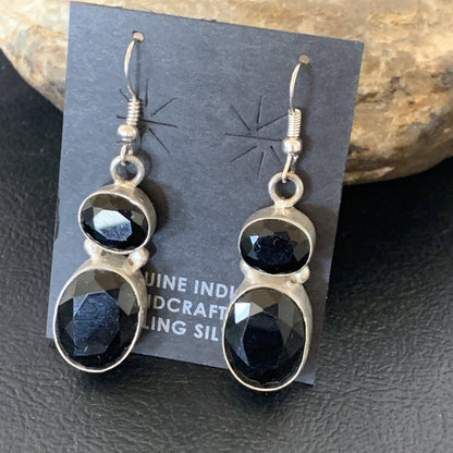 Native Black Smokey Quartz Navajo Sterling Silver Dangle Drop Earrings 12686