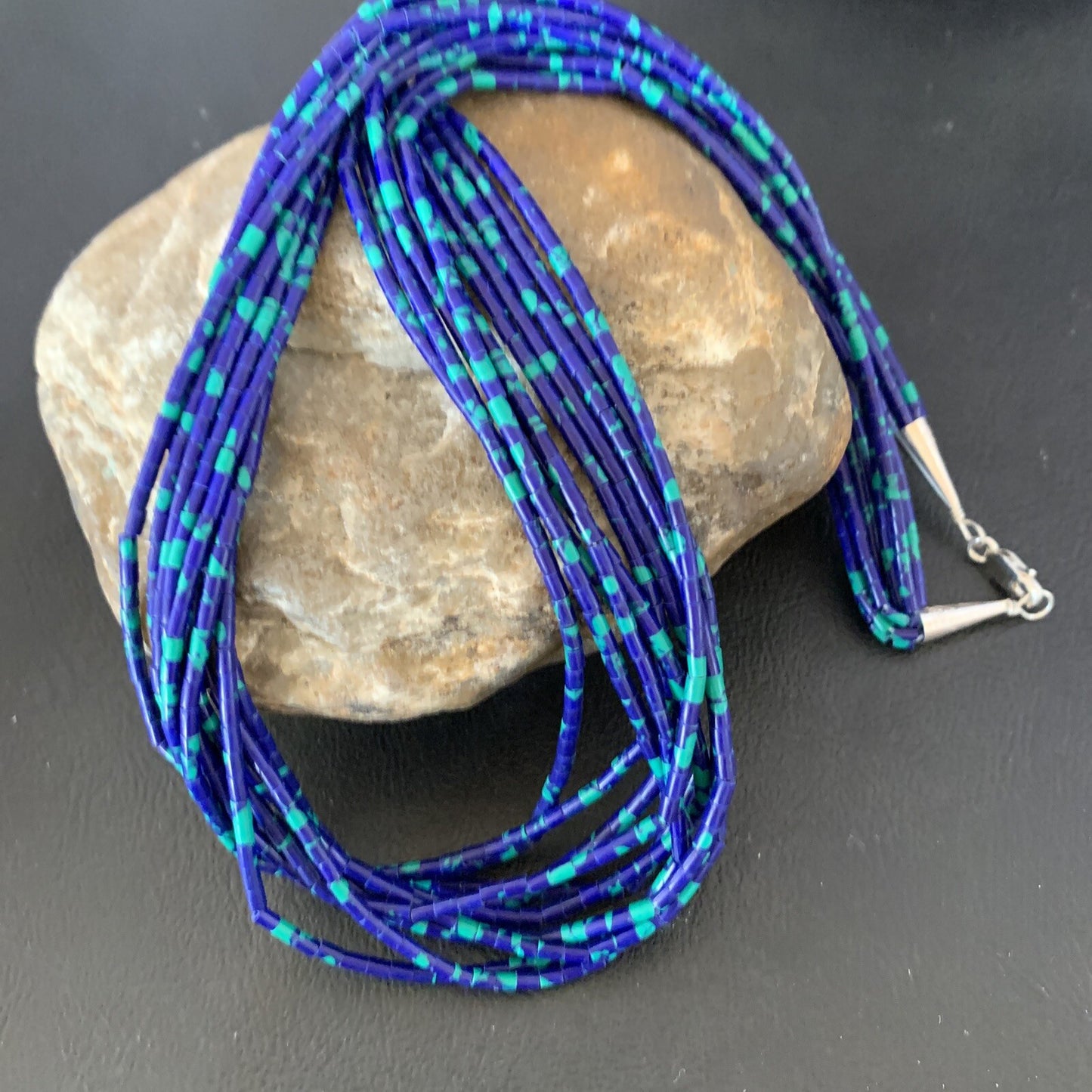 Blue Green Azurite Heishi 10Strand Stabilized Sterling Silver Necklace 20” 10349