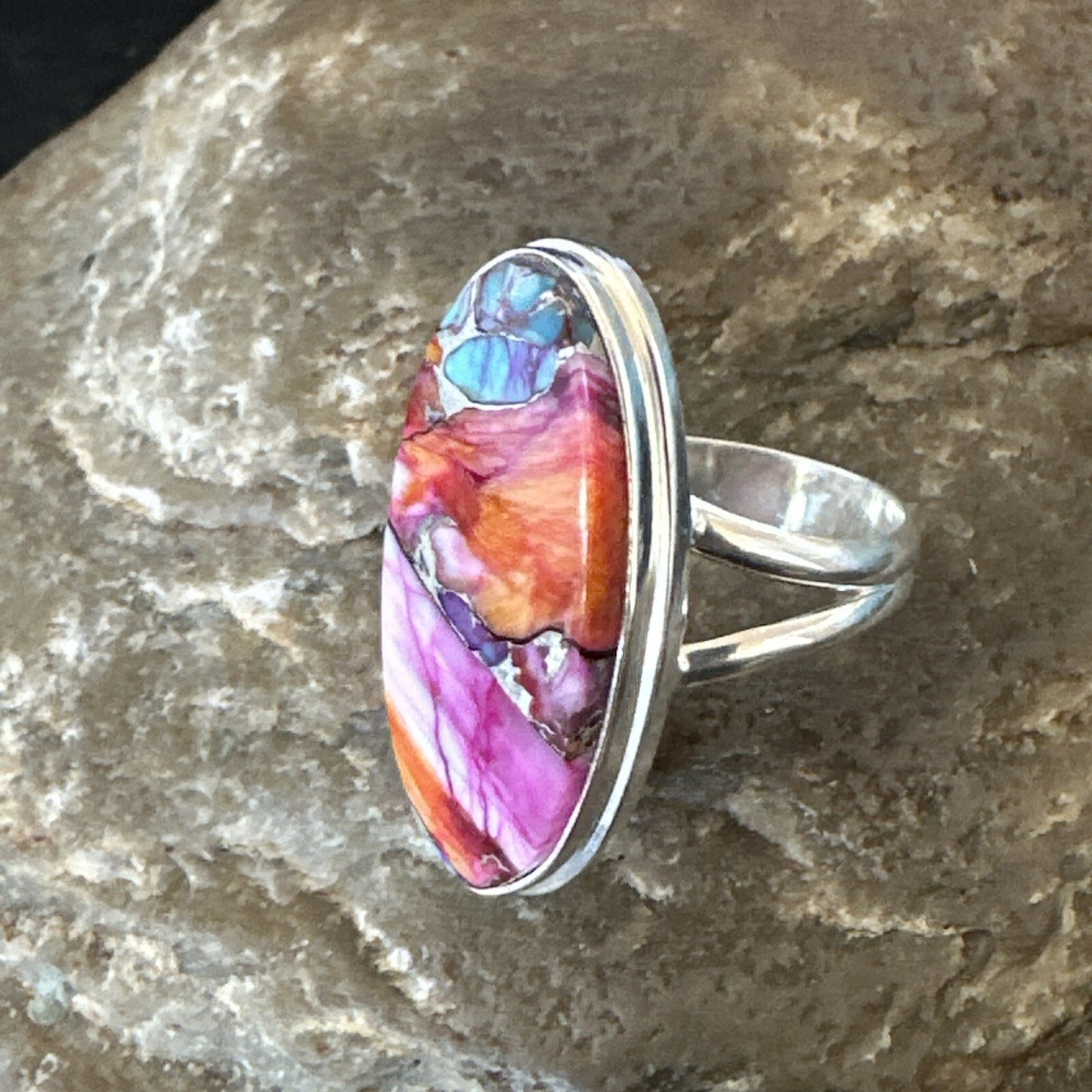 Blue Turquoise Spiny Oyster Southwestern Sterling Silver Ring Size 7 18493