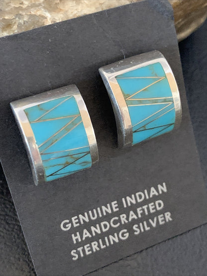 Womens Blue Turquoise Navajo Sterling Silver Stud Inlay Earrings 13107