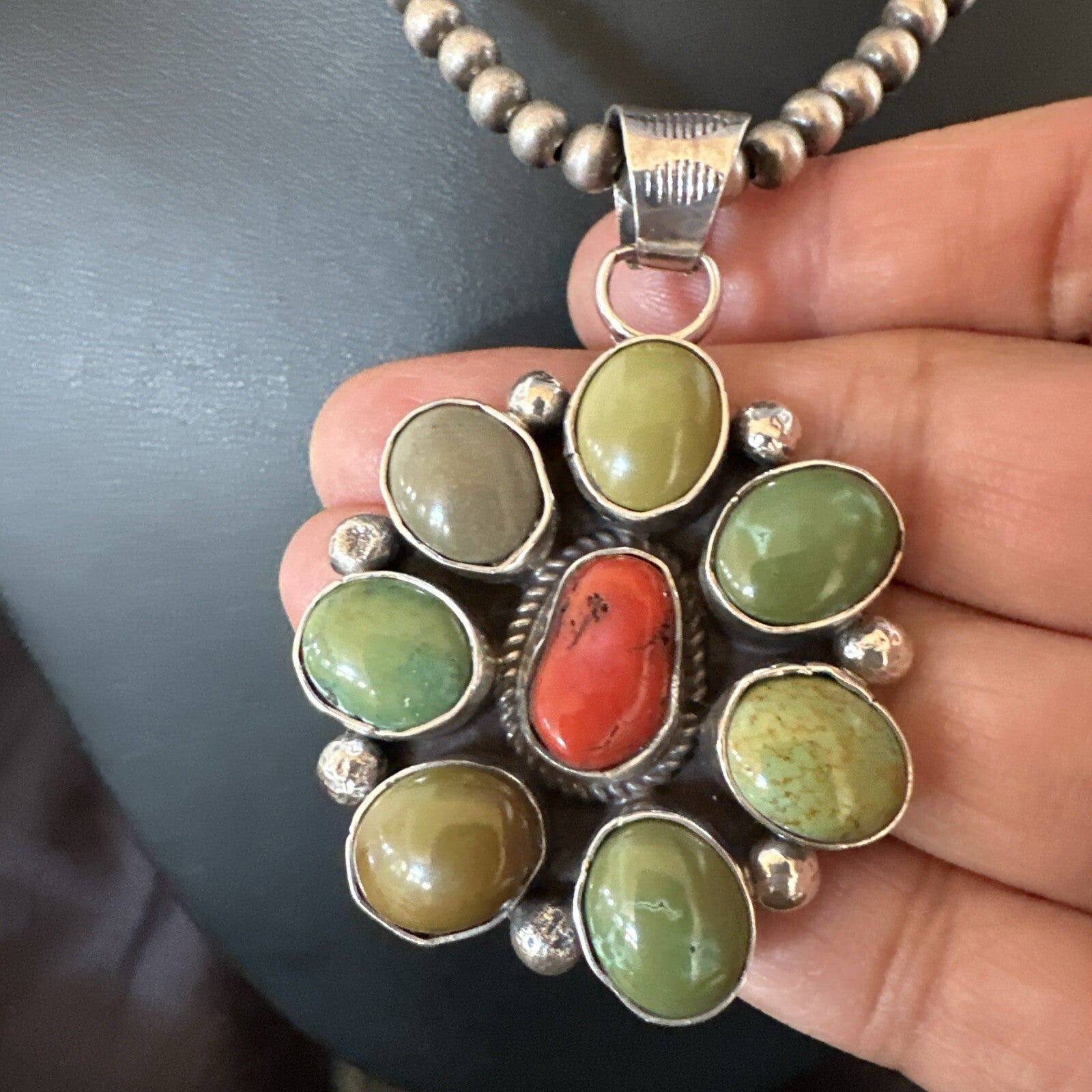 Navajo Sterling Cluster Red Turquoise Pendant Necklace 17712