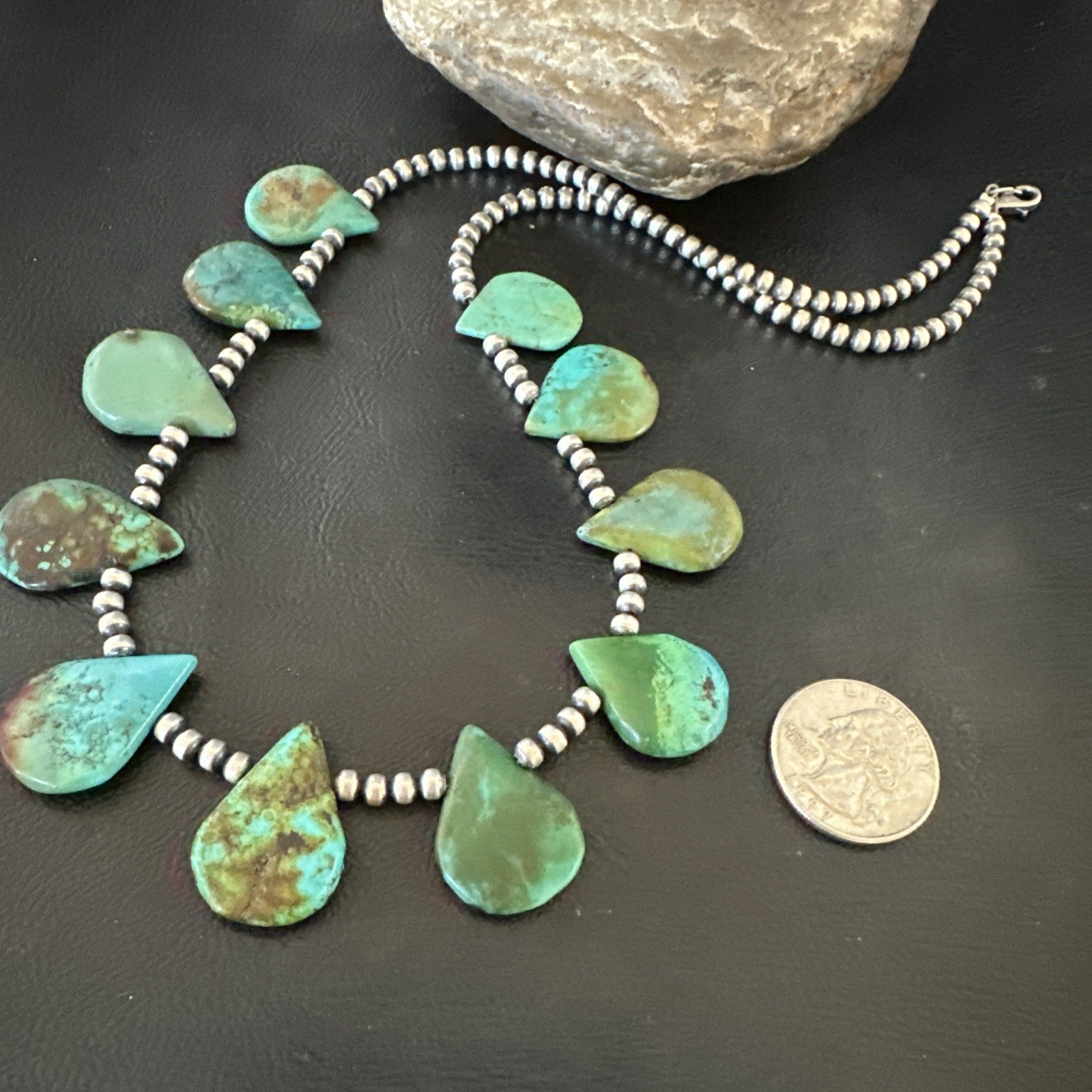 Blue Green Turquoise Teardrop Navajo Pearls Sterling Silver Necklace 14390