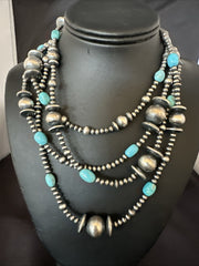 Navajo Beads Blue Turquoise 72"Necklace | Sterling Silver | Authentic Native American Handmade | 19117