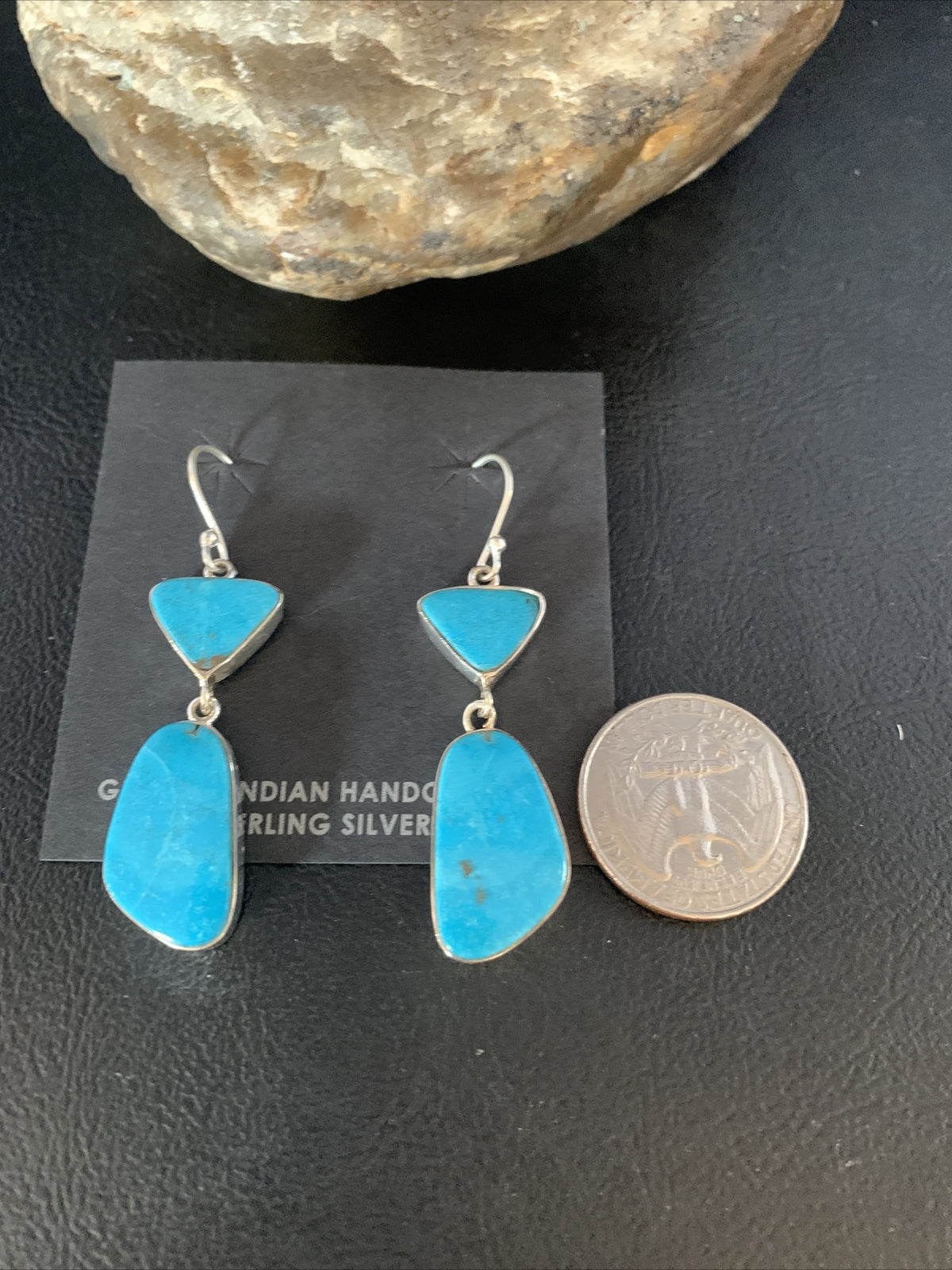 Blue Kingman Turquoise Navajo Sterling Silver Dangle Earrings 14073