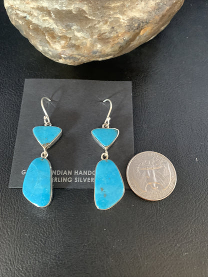 Blue Kingman Turquoise Navajo Sterling Silver Dangle Earrings 14073